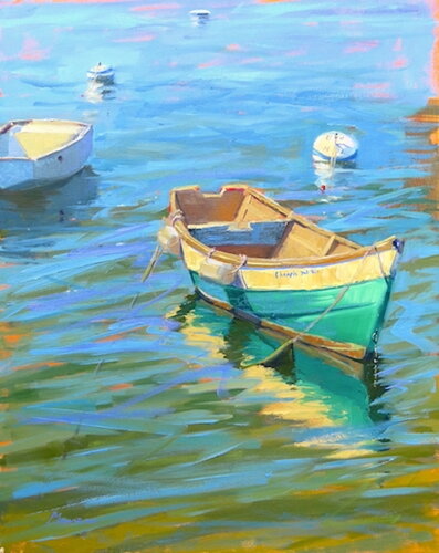 oil painting of moored boat