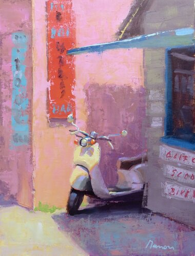 Painting of a vespa on a corner
