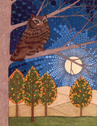drawing of an owl at nighttime