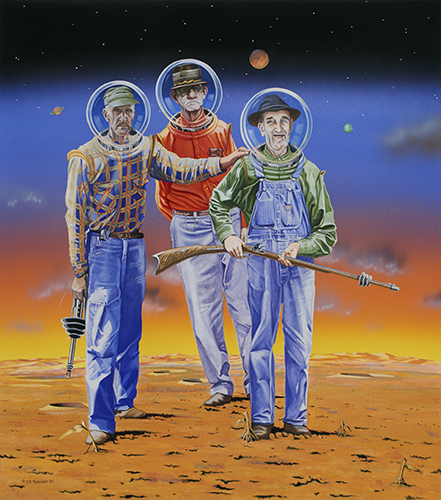 Whimsical painting of hillbillies in outer space by Diane Turner