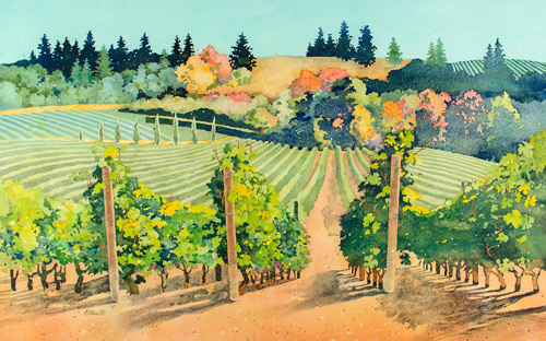 Watercolor landscape painting of a vineyard