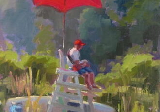 oil painting of a lifeguard stand