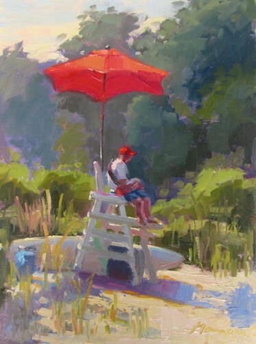 oil painting of a lifeguard stand