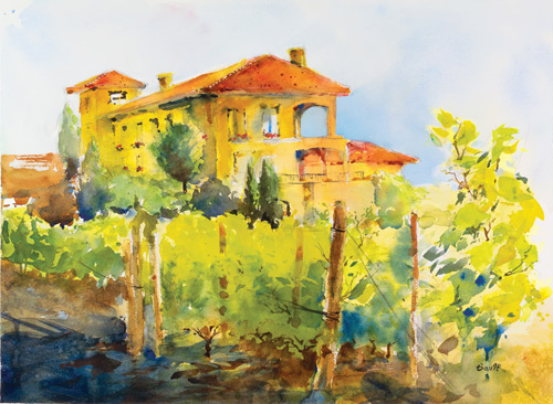 Watercolor landscape of a hotel and vineyard