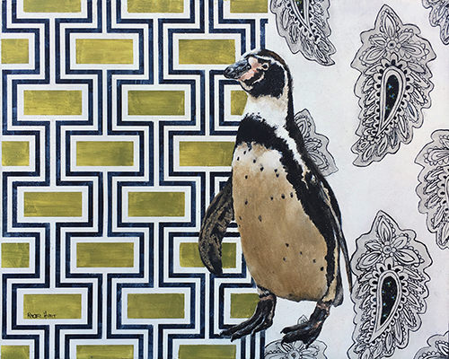 painting of a penguin on patterned background