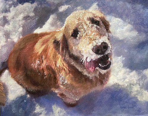 Painting of a golden retriever in the snow