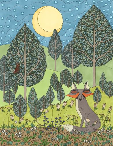 whimsical drawing of a meadow at night