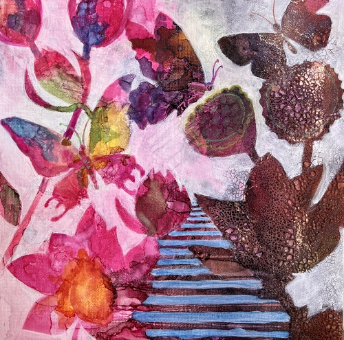 Colorful floral mixed media painting by Jeanette Montero