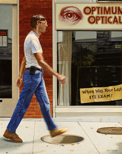 Gouache painting of a man walking in front of an optician shop