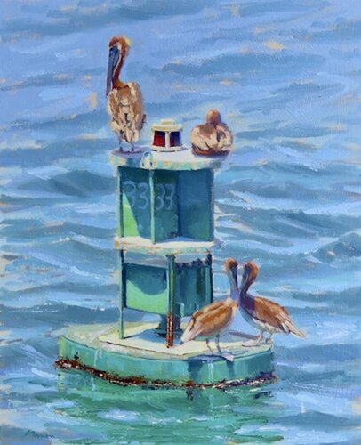 oil painting of pelicans on a buoy