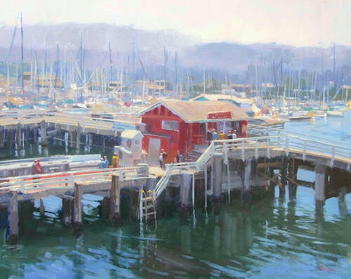 Plein air painting of a waterside dock