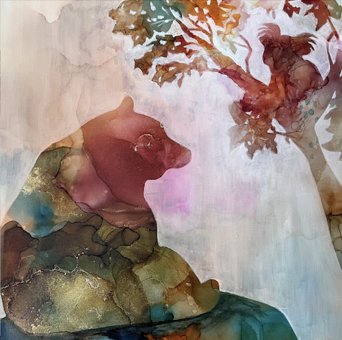 Ethereal mixed media painting of a bear and tree by Jeanette Montero