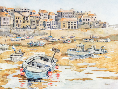 Watercolor landscape of port