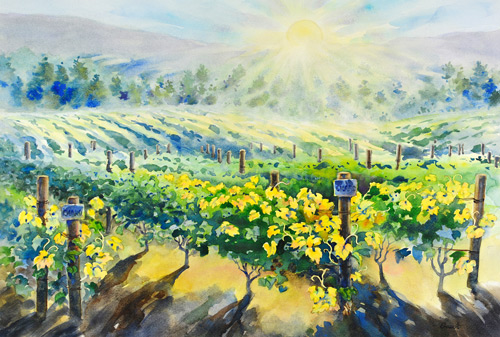 Watercolor painting of sunrise over a vineyard