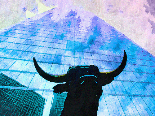 reimaged photo of a bull and office building