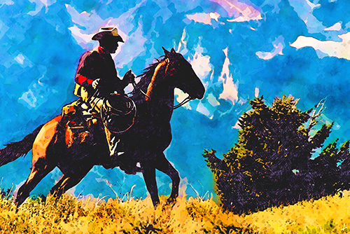 Photo of a cowboy and horse in the Tetons
