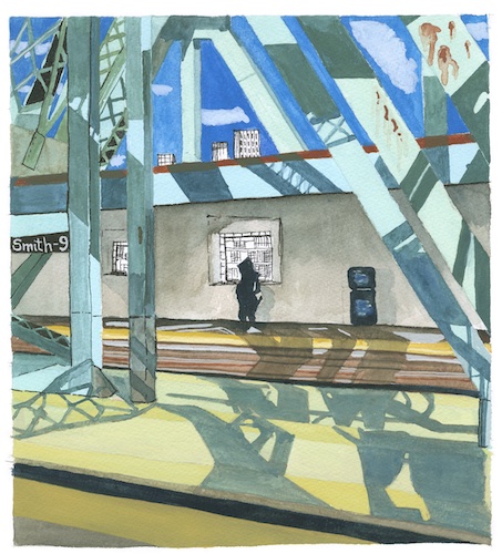 light-filled painting of a subway scene by Ellen Honigstock