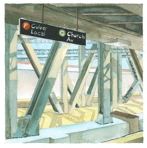 New York subway scene painted by Ellen Honigstock