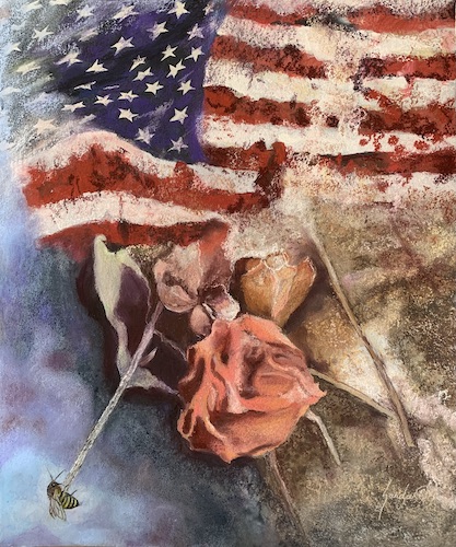 symbolic painting of American flag and dead nature