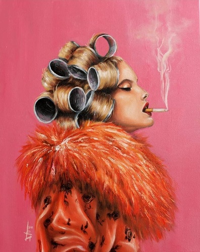 painting of a woman in rollers smoking