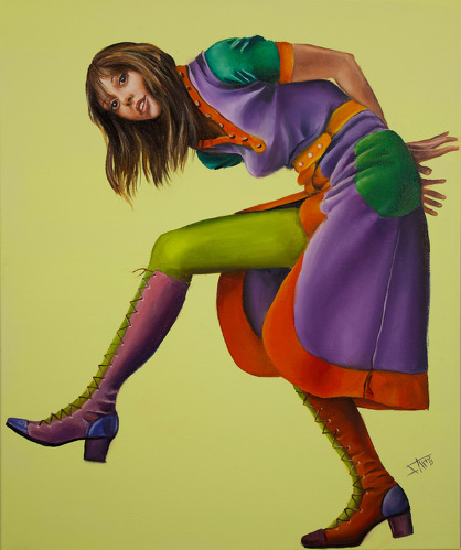 whimsical painting of a woman stepping