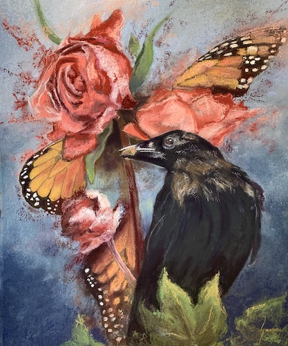 pastel painting of a bird and roses