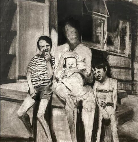 Charcoal drawing of a family with disappearing mother