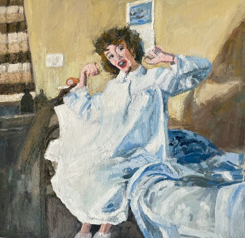 oil painting of a woman getting out of bed
