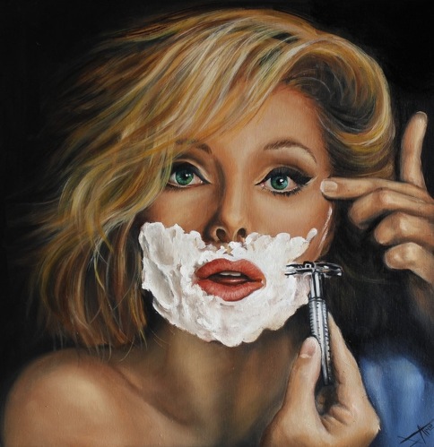 Whimsical painting of a woman shaving 