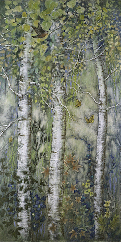 Tranquil landscape painting with birch trees by Lisa Marie Kindley