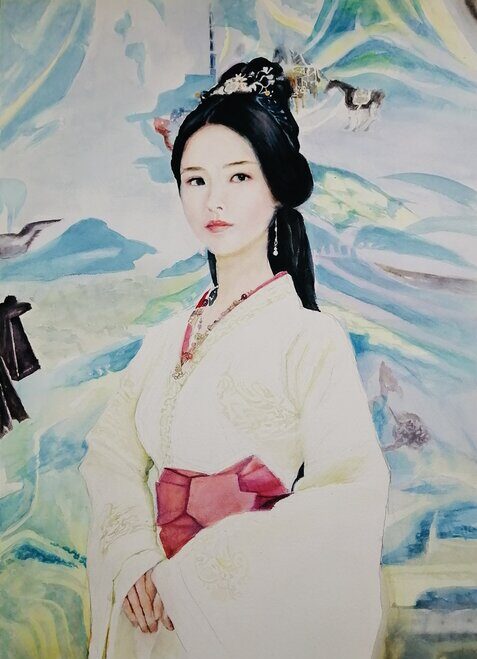 Watercolor portrait of a young Asian woman by Qingzhu Lin