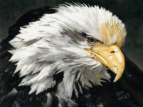 Hand embroidered portrait of a bald eagle by David Poyant
