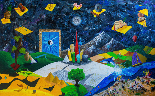 Surreal landscape with symbolic elements by artist Anže Ivanuš