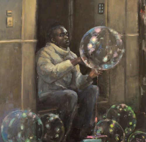 Oil painting of a man with balloons by Pat Maguire