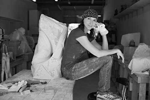 Sculptor Christina Bertsos in the studio