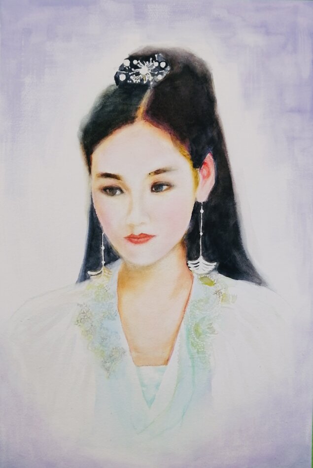 watercolor portrait of a young Asian woman in costume