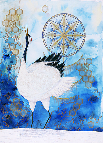 Watercolor of a crane and mandala by Keiko Katsuta