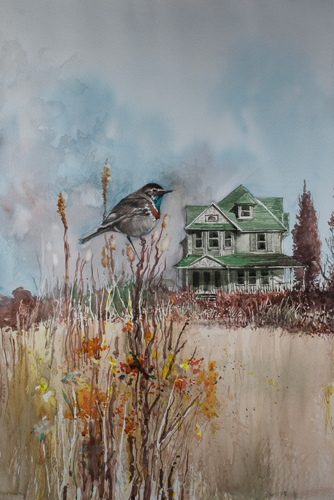 watercolor of bird in a landscape by Boyd Miles