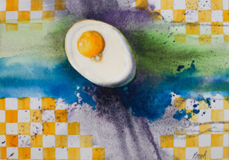 Colorful watercolor of a broken egg by Boyd Miles