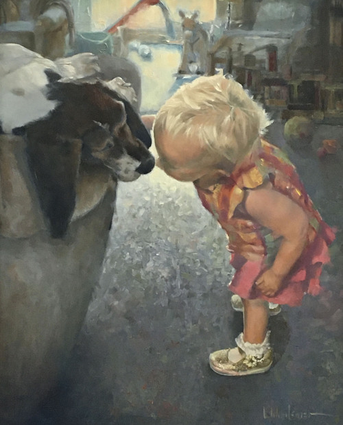 Charming oil painting of a small child and dog by Leah Wiedemer