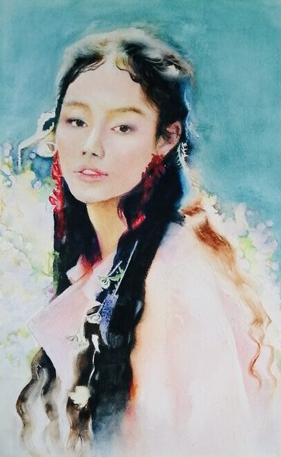Watercolor portrait of an Asian girl by Qingzhu Lin