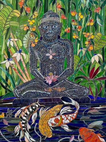 glass mosaic of a buddha in a garden by Donna Grossman