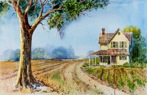 watercolor landscape with Grandma's house by artist Boyd Miles