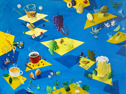 dreamlike floating surreal painting of foods and drinks by Anže Ivanuš