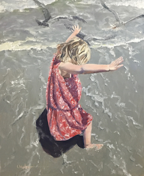 Oil painting of a small girl at the beach by Leah Wiedemer