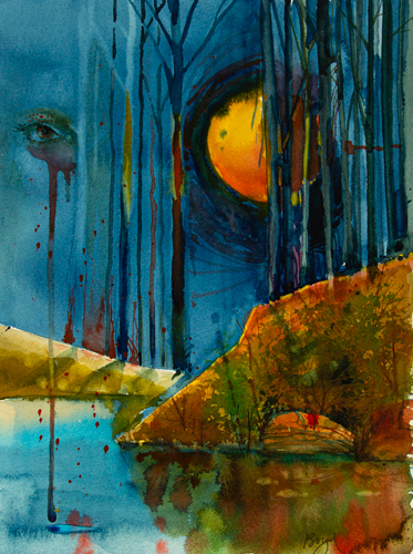 vibrant watercolor painting of a landscape and face by Boyd Miles