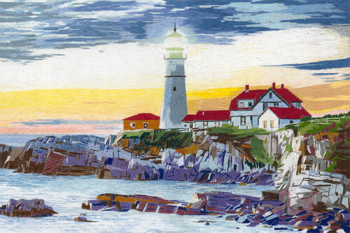Hand embroidered scene of Portland Head Lighthouse by David Poyant