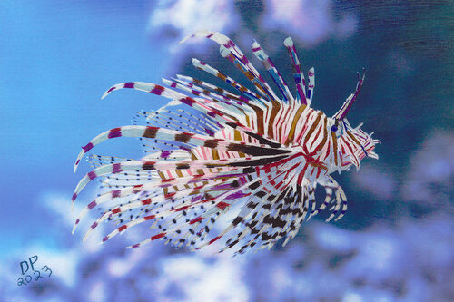 Hand embroidered image of a lionfish by David Poyant