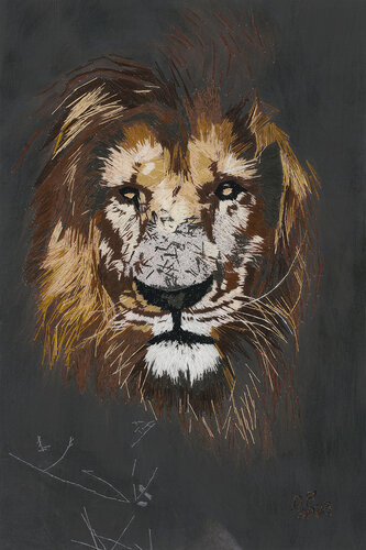 Hand embroidered portrait of a lion by artist David Poyant