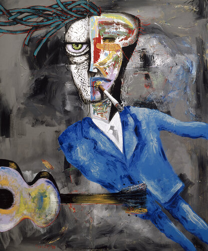 semi-abstract painting of a man with a guitar by Joseph Coventry